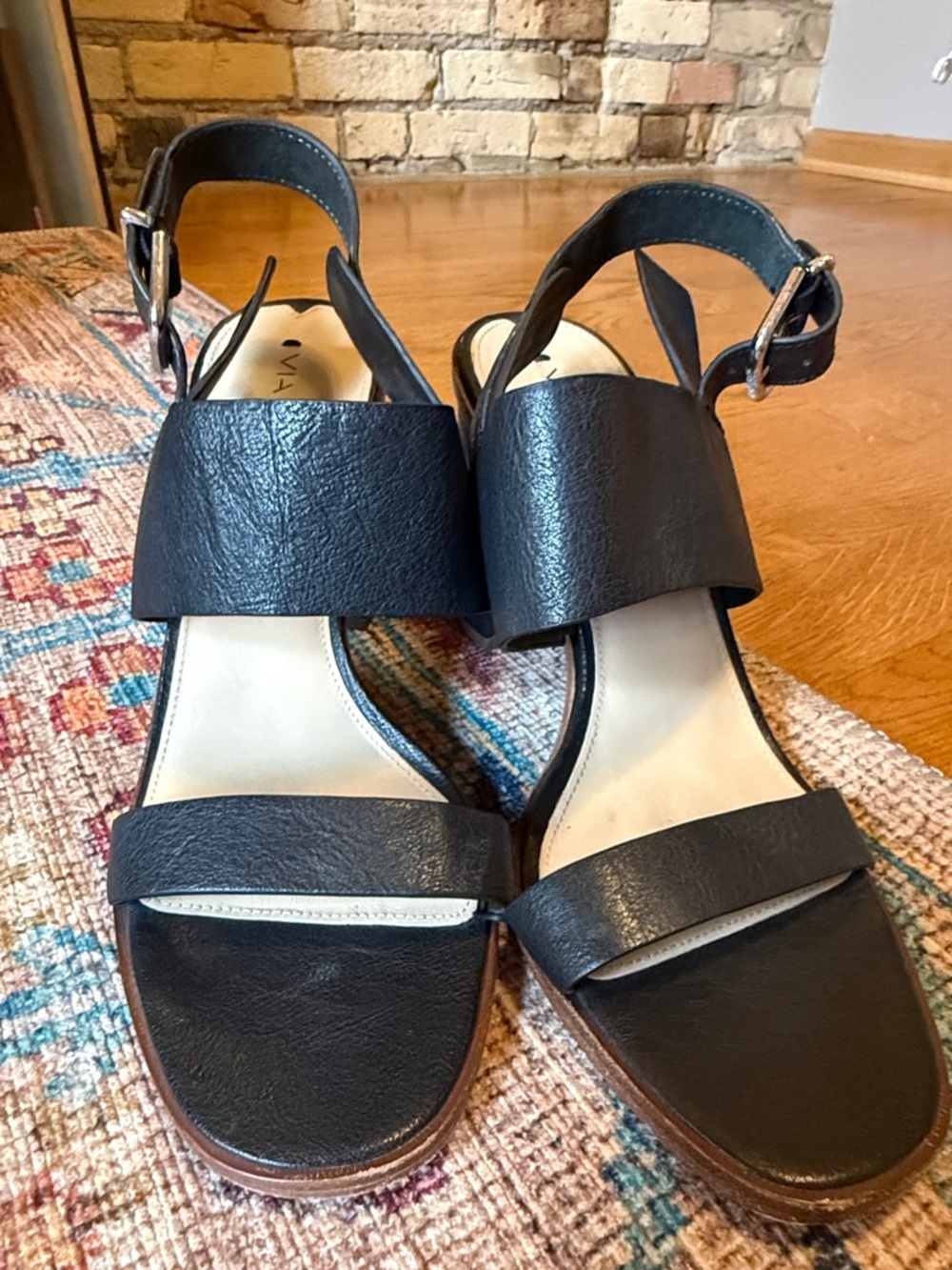 Via Spiga Black Wide-Strap Leather Sandals with Ankle Buckle